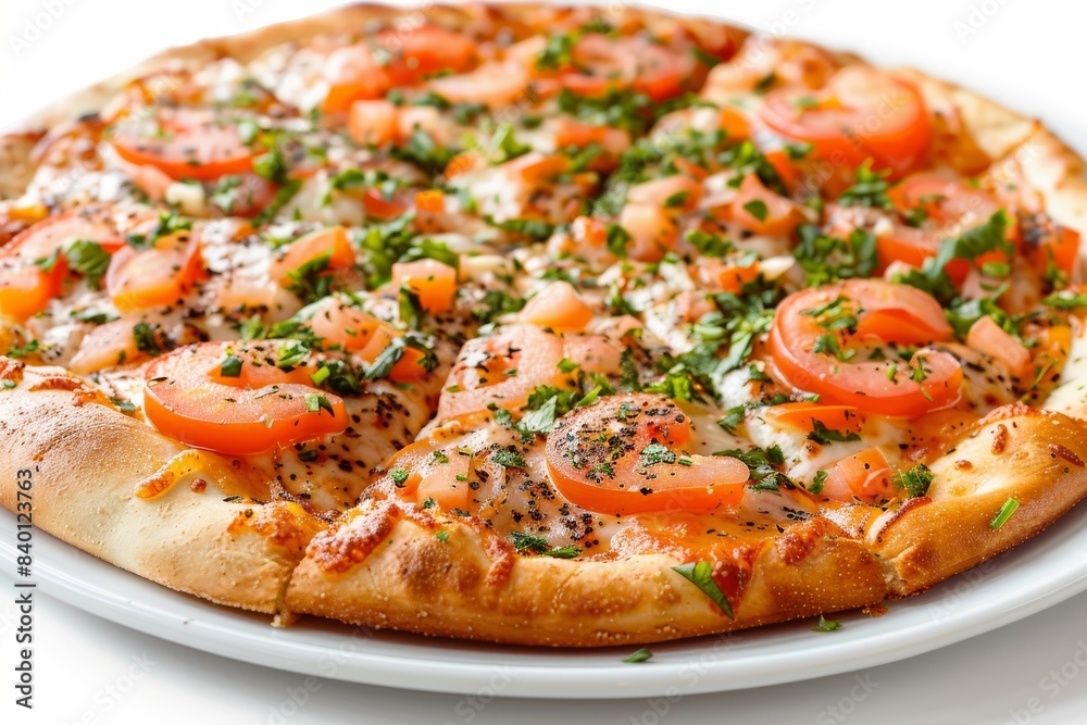 Fresh tomato and herb pizza, perfect for a savory and delicious meal, showcasing vibrant and flavorful ingredients Fresh tomato and herb pizza, perfect for a savory and delicious meal, showcasing vibrant and flavorful ingredients