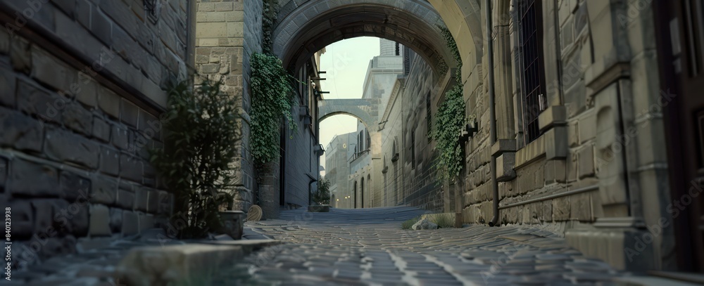 Fototapeta premium medieval stone wall with an archway leading to the street, an ancient city
