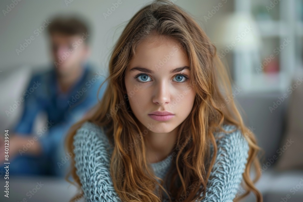 Woman on sofa with man in background Woman on sofa with man in background