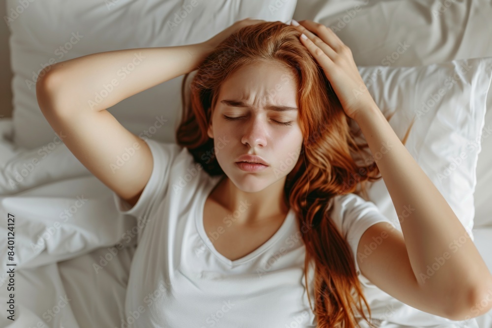 Woman reclining in bed with hands on head Woman reclining in bed with hands on head