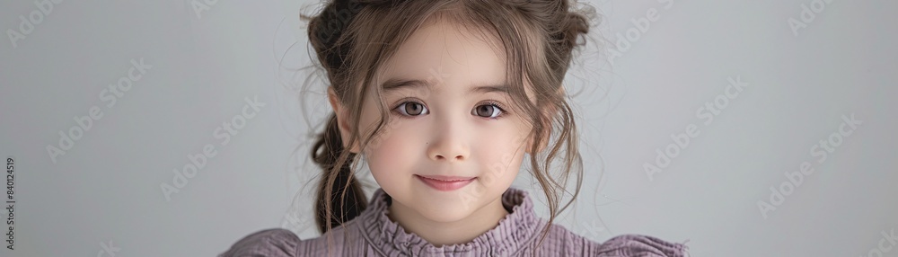 Portrait of a charming little girl in formal wear, smiling brightly with ample space for text on the top Portrait of a charming little girl in formal wear, smiling brightly with ample space for text on the top