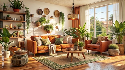 Bohemian living room with warm tones and plants , bohemian, living room, warm tones, plants, cozy, eclectic, interior design, home decor, houseplants, natural light, rustic, earthy © mahat