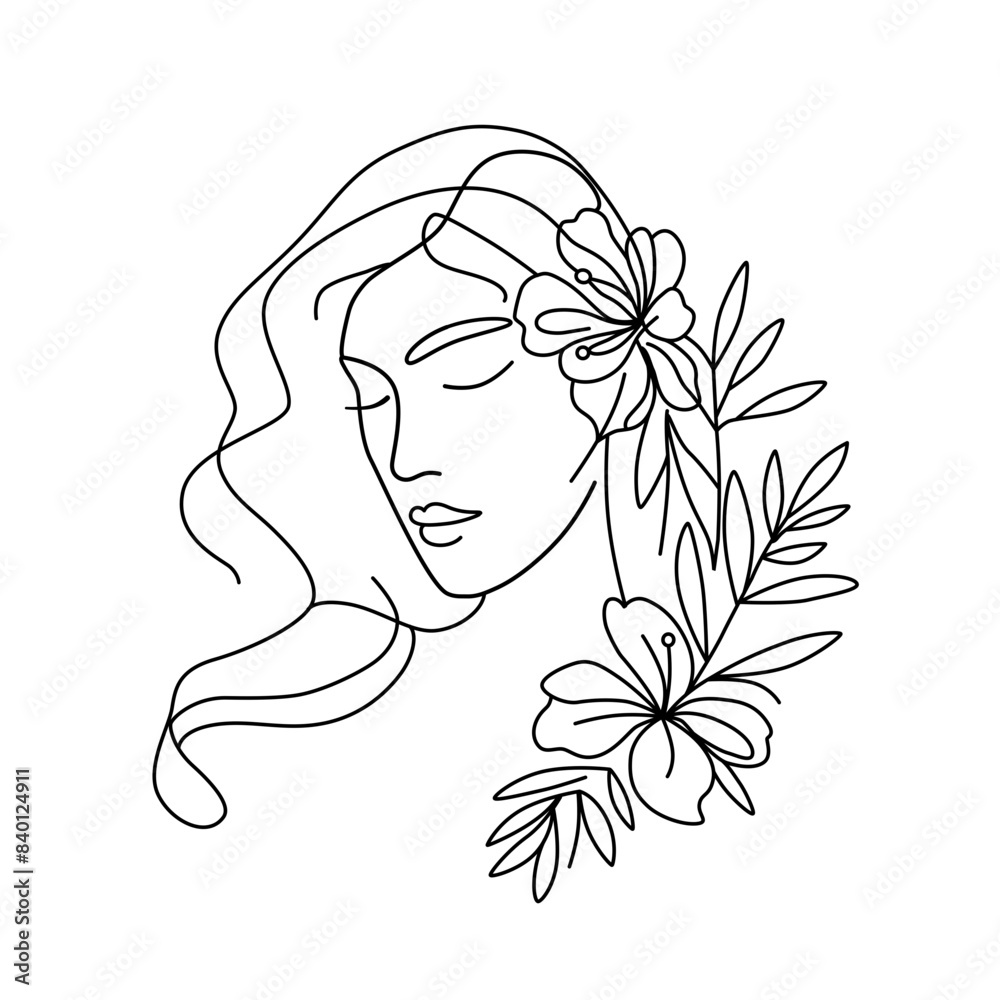 line drawing of young woman with long hair, flowers and leaves. vector illustration of a beautiful female profile. woman with flowers. Outline illustration. line drawing of young woman with long hair, flowers and leaves. vector illustration of a beautiful female profile. woman with flowers. Outline illustration.