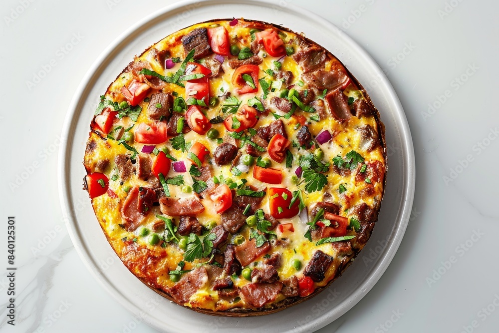 Savory breakfast pizza with eggs and vegetables, perfect for a hearty and delicious morning meal, showcasing vibrant and fresh ingredients