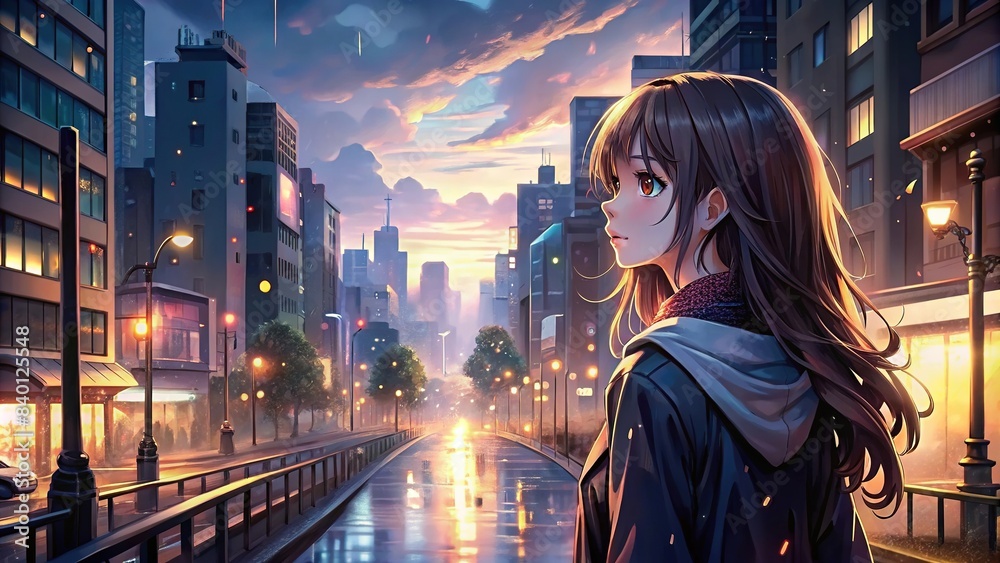 Enigmatic anime girl gazes back on a rain-swept city street at twilight ...