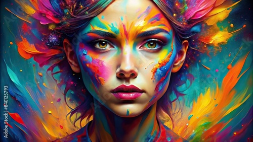Abstract woman face paint in vibrant colors , makeup, artistic, creativity, colorful, abstract, design, cosmetic, vibrant, beauty, conceptual, female, fantasy, imagination, face art photo