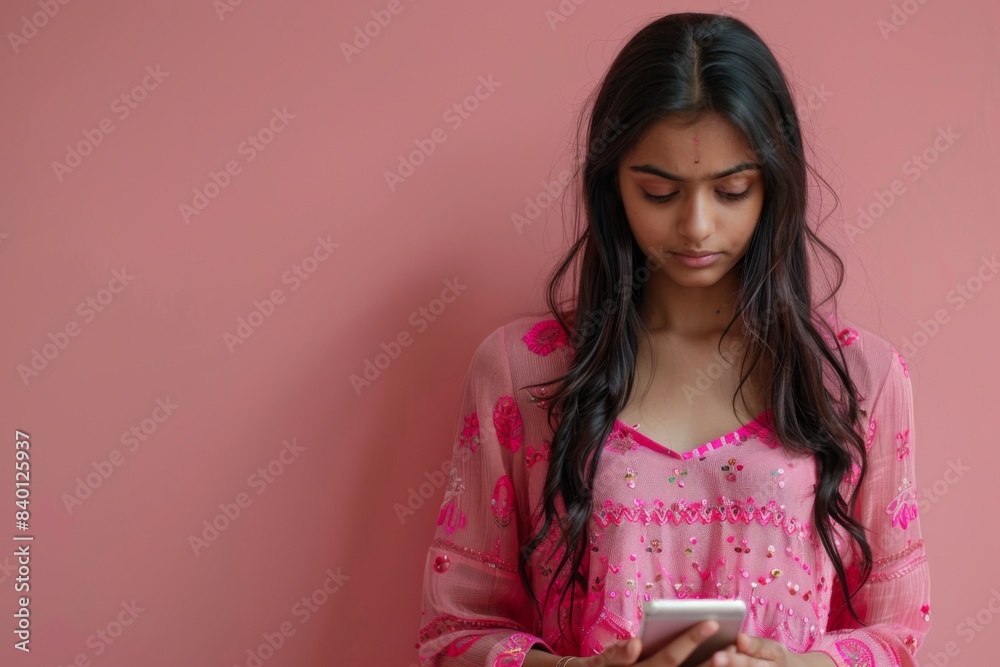 Female in pink attire observing mobile device Female in pink attire observing mobile device