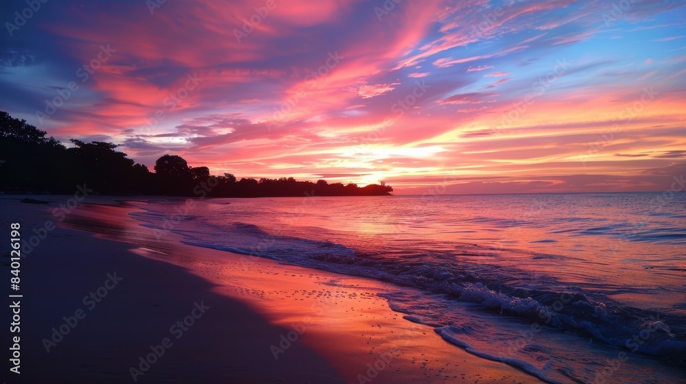 Tropical Sunset Bliss: Vibrant Beach View. The vibrant colors of a tropical sunset with waves gently kissing the sandy beach.