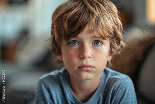 Young blonde boy blue eyes stare camera blurry background