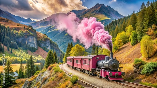 Pink steam train winding through the mountain landscape , pink, steam train, mountains, transportation, vintage, locomotive, scenic, travel, railway, nature, clouds, engine, journey