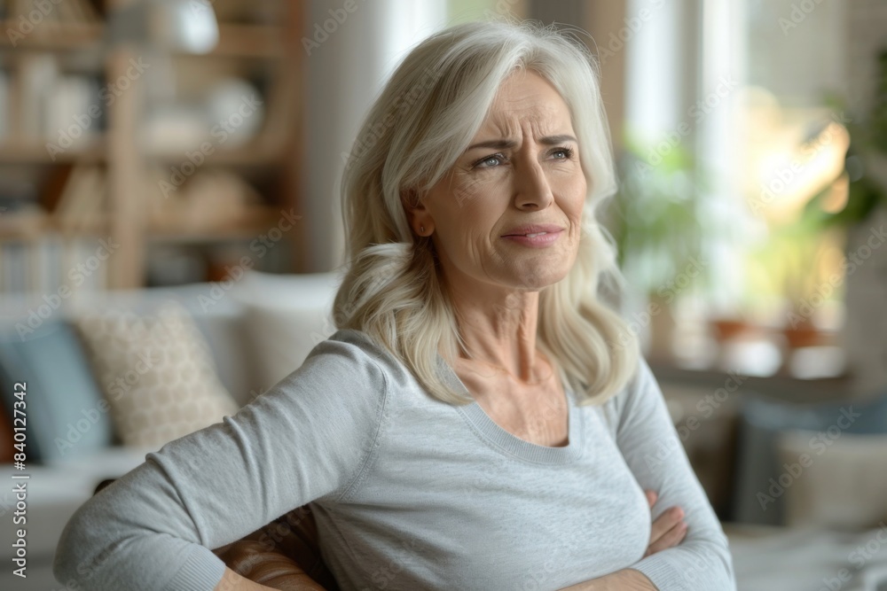 Woman seated, arms crossed, blonde with white hair