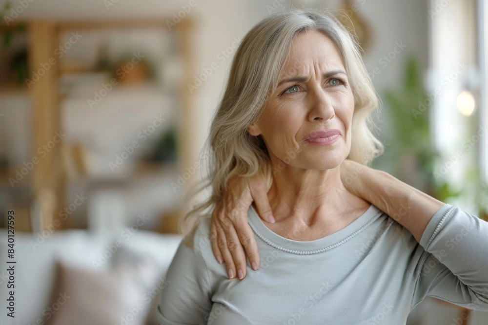 Woman blond pain shoulder living room couch window Woman blond pain shoulder living room couch window