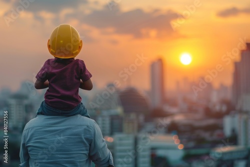 Angry Asian boy on his father's shoulders with background of new high buildings and silhouette construction cranes of a sunset in the evening, father and son concept picture