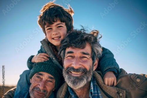 Happy child playing against the summer sky against a backdrop of grandfather, father, and son. It is Father's Day - a grandfather, father, and son having fun together. © Bundi