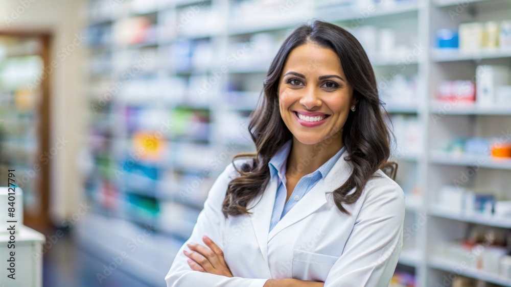 Portrait of a smiling Hispanic female pharmacist in a pharmacy setting, happy, Latin, female, pharmacist