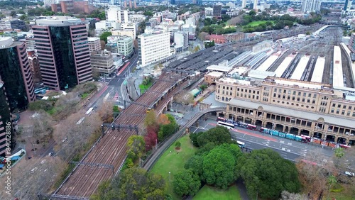 Landscape view of train and tram in Central Station main street town buildings city of Sydney Haymarket Surry Hills travel transport architecture photo