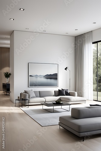 Contemporary modern home with clean minimalist interior  frame mockup for art  and elegant 3D rendering design  