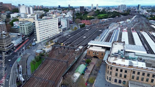 Landscape view over buildings and street near Central train station yard platform in Haymarket Surry Hills Sydney city CBD Australia transport architecture photo