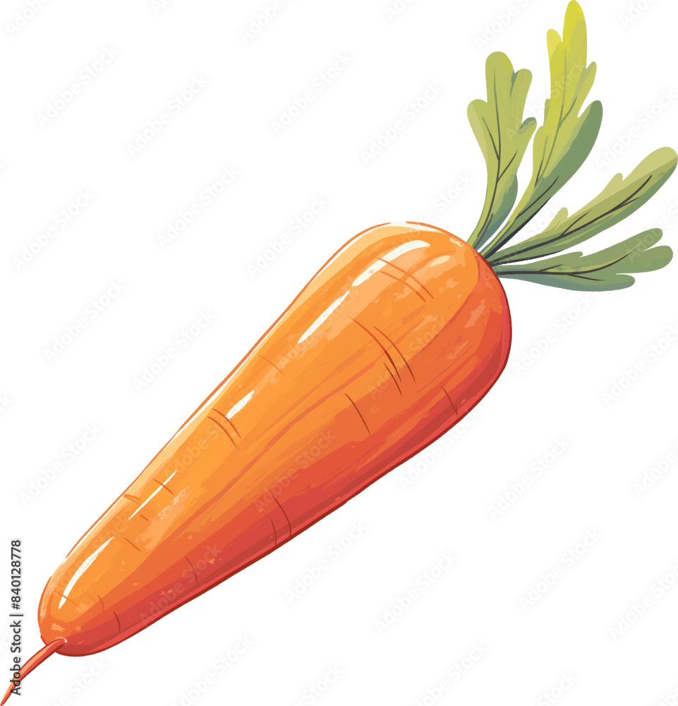 Single orange carrot with green tops isolated on transparent background.