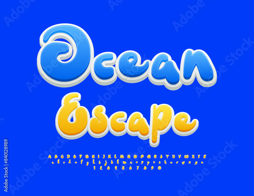 Vector touristic banner Ocean Escape. Sunny Yellow Font. Decorative Alphabet Letters and Numbers set.