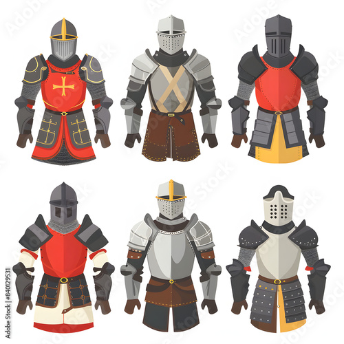 medieval knights armours in the armoury of the tower of london in london, uk isolated on white background, flat design, png