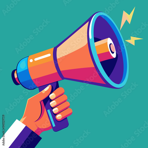 Hand hold megaphone . Social media marketing concept. Advertising and business promotion symbol