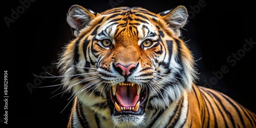 Ferocious tiger with mouth open isolated on background, tiger, animal, wildlife, predator, fierce, aggressive, front view, staring, carnivore, danger, teeth, wild, powerful, jungle, nature