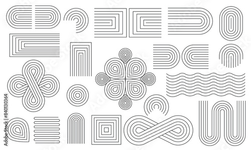 Line geometric arches and circle abstract shapes. Modern mid-century line design set featuring boho aesthetic stripes and grids. Bauhaus, Memphis, and Swiss design vector illustrations. Editable EPS10