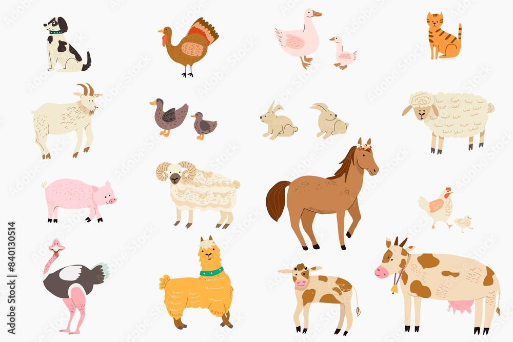 Fototapeta premium Hand drawn flat animal set