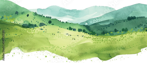 Watercolor background illustration landscape with grass and mountains