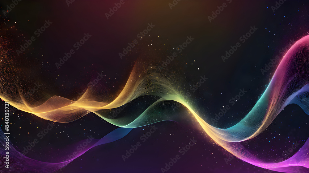 Digital particle waves of all colors and light abstract background with shining star dots.
Digital particle waves of all colors and light abstract background with shining star dots.