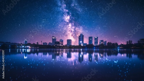 City skyline reflected in a lake under a starry night sky
