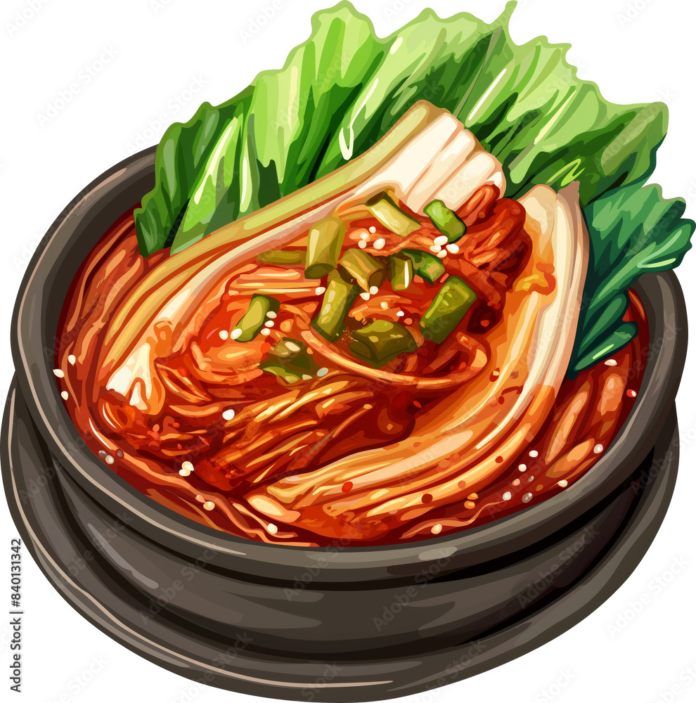 Obraz na plátně Kimchi stew with green onion and lettuce garnish in a black bowl isolated on transparent background