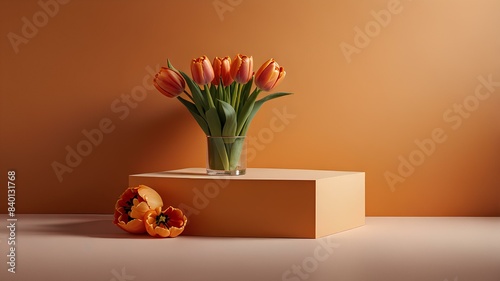 Wallpaper Mural Orange spring product display podium with orange tulips flowers on orange background. Torontodigital.ca