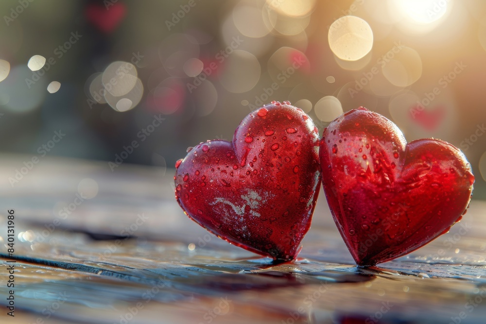 Fototapeta premium Pair of red hearts on table with water drops