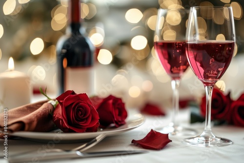 Two wine glasses and a plate with a rose