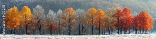 In a snowy field, there is a row of trees with various colored leaves © Interior Stock Photo