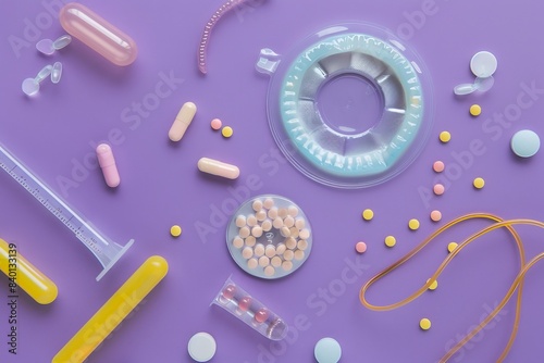 Contraceptive pills, condoms and intrauterine device on violet background, flat lay. Different birth control methods