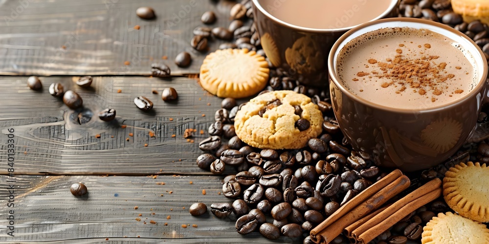 Closeup of hot chocolate coffee beans cookies on wooden table. Concept Food Photography, Close-Up Shots, Warm Tones, Rustic Setting, Delicious Treats Closeup of hot chocolate coffee beans cookies on wooden table. Concept Food Photography, Close-Up Shots, Warm Tones, Rustic Setting, Delicious Treats