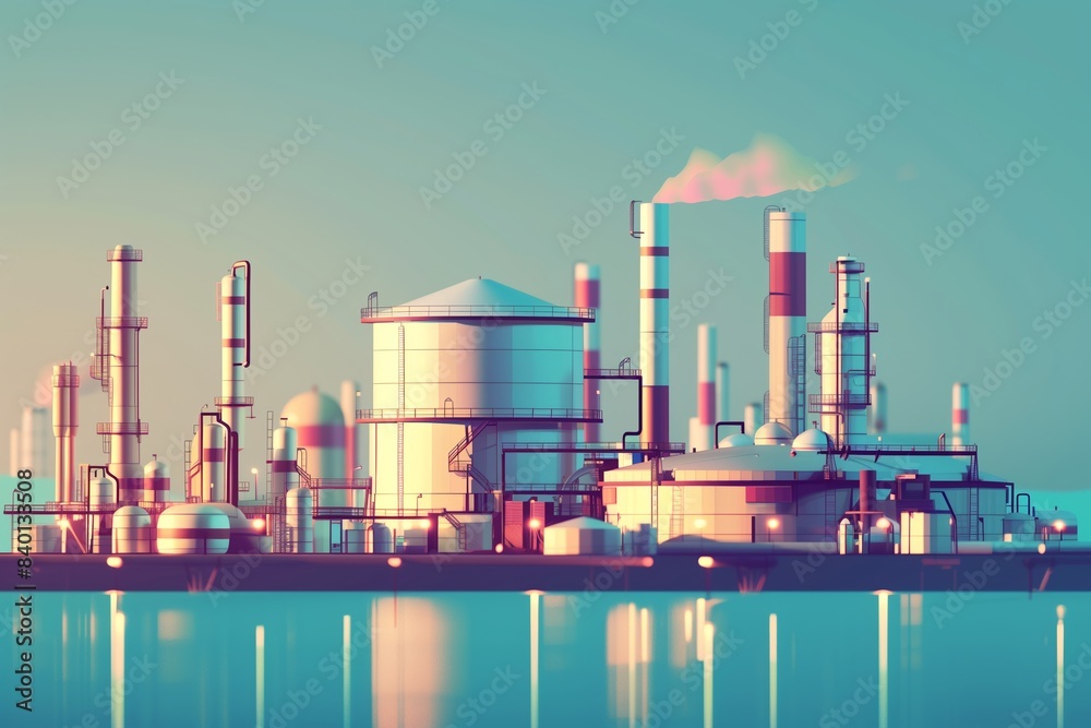 Obraz premium Oil & Gas Power Plant Refinery: Storage Tanks, Petrochemical Factory, Price Chart Banner