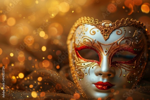 Golden mask with red ornaments on shining background © Sandu