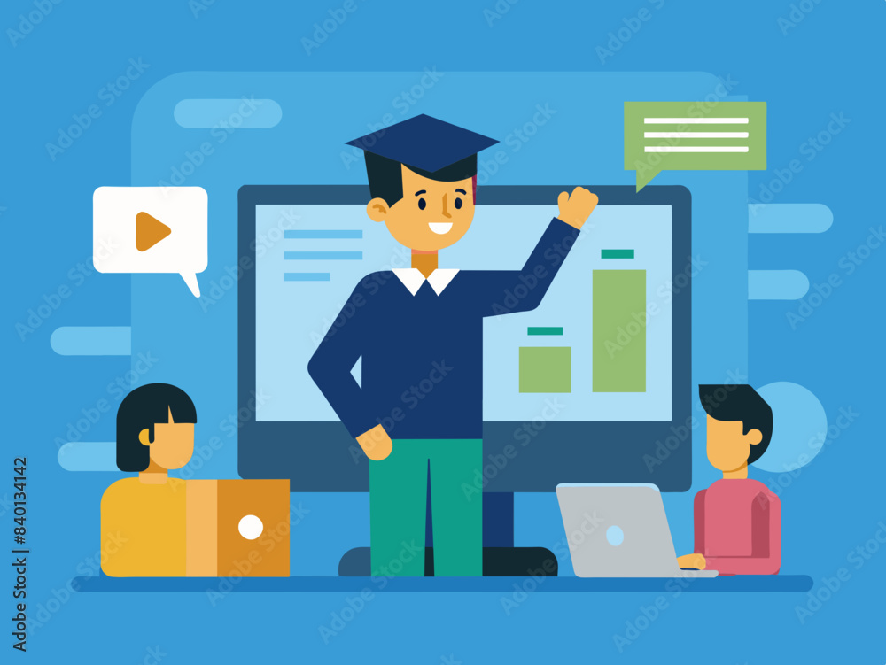 Educational web seminar, internet classes, professional 3D character personal teacher service. Webinar, digital classroom, online teaching metaphors vector illustration.