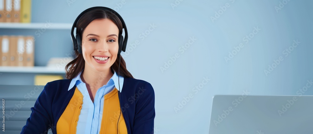 business customer services happy woman sitting in office with headset business customer services happy woman sitting in office with headset