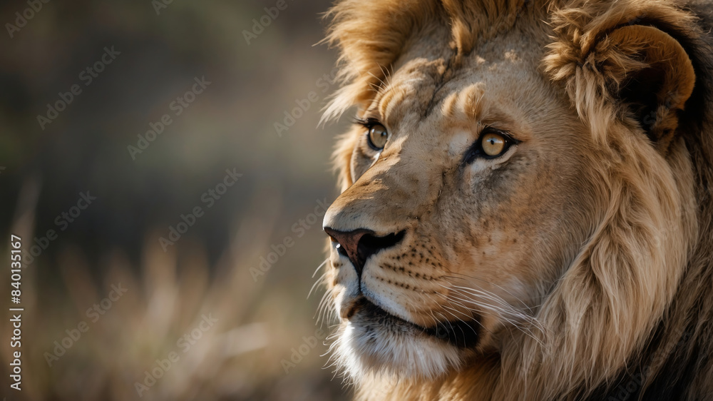 Majestic Male Lion with Lush Mane and Prominent Negative Space in the African Savanna Majestic Male Lion with Lush Mane and Prominent Negative Space in the African Savanna