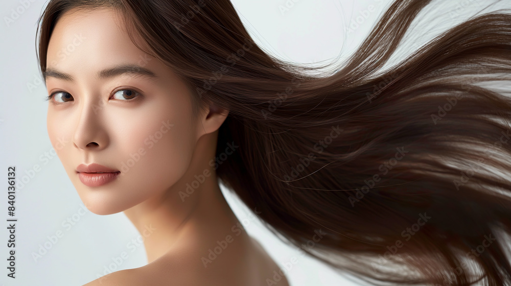 A woman with lengthy hair is striking a pose in front of the camera, displaying confidence and grace A woman with lengthy hair is striking a pose in front of the camera, displaying confidence and grace