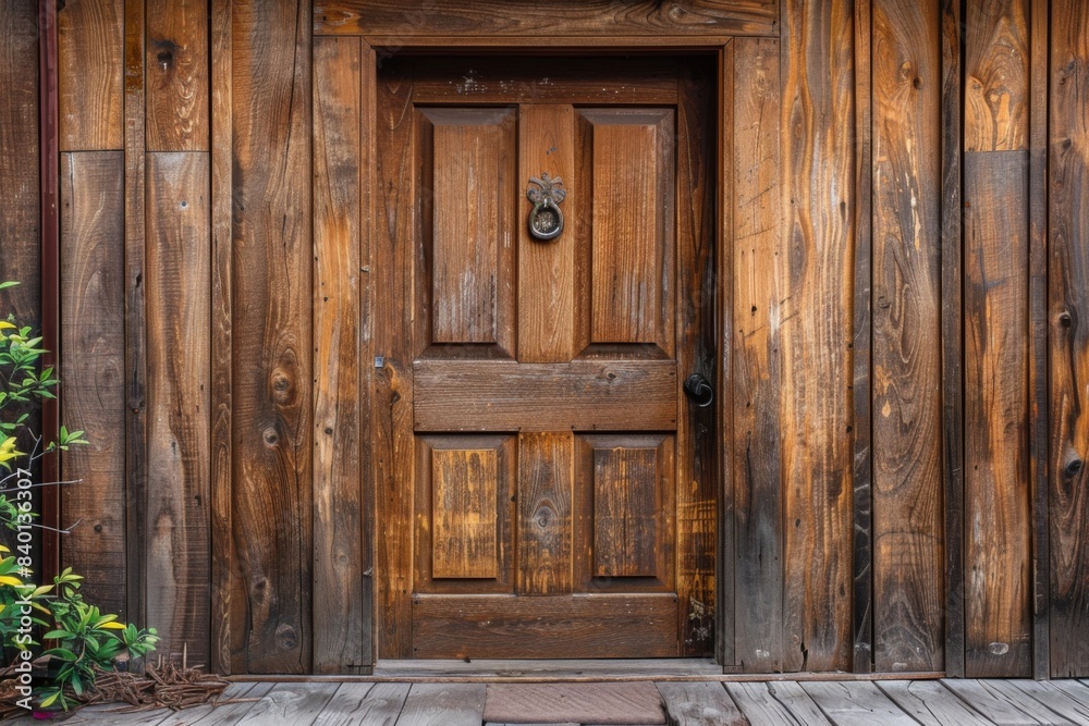 Wooden door, metal handle, building Wooden door, metal handle, building