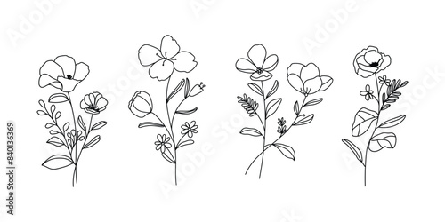 minimal line flower and botanical graphic sketch drawing, trendy tiny tattoo design, floral elements vector illustration