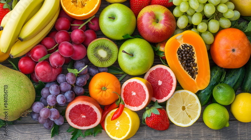 close-up of a delicious  colorful assortment of fresh fruits and vegetables arranged on a wooden table