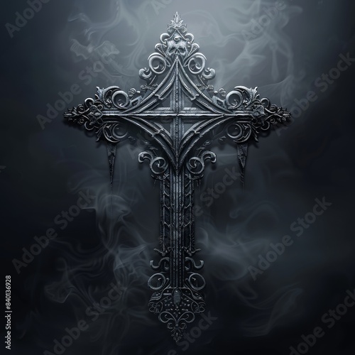 Ornate Crucifix Against Smoky Background
