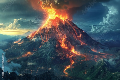 Fiery volcano spewing lava into sky